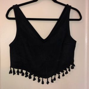 Design Lab Black Suede Crop Top with Fringe Detail